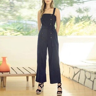 现货J.O.A.双排扣深蓝色竖条纹显瘦收腰宽松九分阔腿背带裤女
