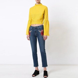 清仓现货 Paige玫瑰花刺绣蓝色显瘦腿长修身九分直筒小脚牛仔裤女