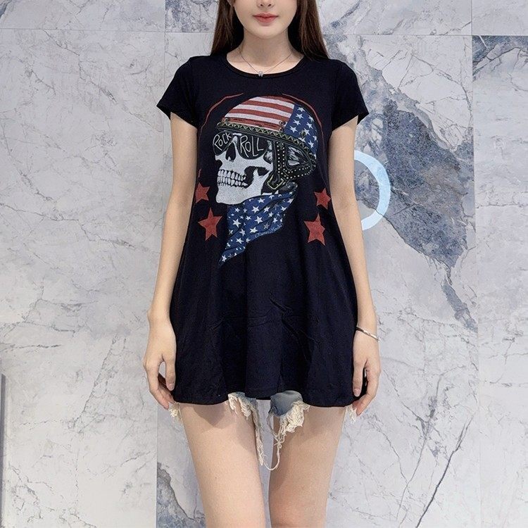 国内现货 Lauren Moshi黑色时尚星条旗骷髅宽松圆领短袖长款T恤女