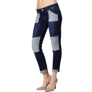 女 中腰深蓝灰色拼接显瘦腿长九分卷边直筒牛仔裤 国内现货 Paige