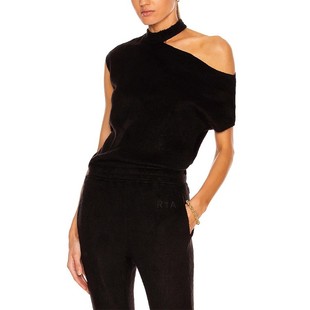 axel毛边显瘦高宽松圆领镂空露肩半无袖 denim T恤女黑色 RtA 现货