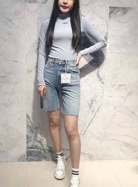 现货 N TOO L高腰单口袋毛边显瘦牛仔自行车骑行中短裤女灰黑蓝色