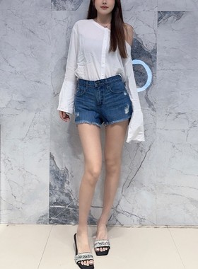 国内现货 Nobody Denim 高腰中蓝色破洞阶梯毛边显瘦牛仔短热裤女