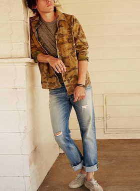 现货 Current/Elliott MEN蓝色破洞拆毛边宽松阔腿直筒牛仔裤男潮