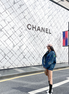 现货 N TOO L后背字母深蓝色破洞显瘦腿长廓形宽松牛仔夹克外套女