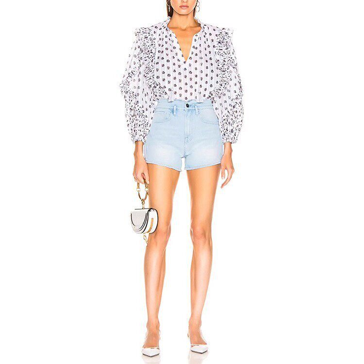 现货 Frame Denim明星款花瓣高腰浅蓝色显瘦腿长宽松牛仔热短裤女