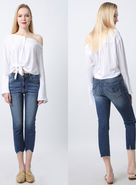 清仓现货 N TOO L 高腰 中蓝色破洞不规则毛边九分微喇叭牛仔裤女