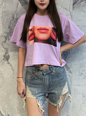 现货N TOO L樱桃嘴唇字母反光显瘦高宽松短袖短T恤女雾霾蓝浅紫色