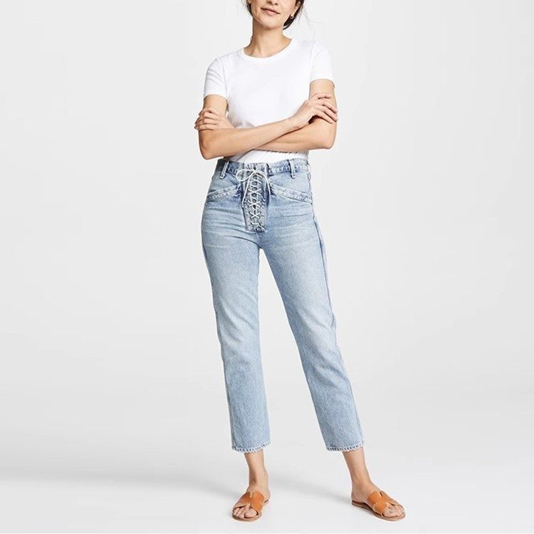 清仓现货 Citizens of Humanity 浅蓝色高腰交叉绑带直筒牛仔裤女