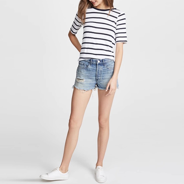 清仓现货 3x1 W2 中腰蓝色破洞阶梯毛边抽须纯棉男朋友牛仔短裤女