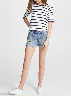 清仓现货 3x1 W2 中腰蓝色破洞阶梯毛边抽须纯棉男朋友牛仔短裤女