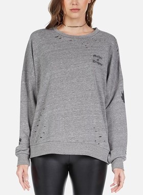 清仓现货Lauren Moshi黑青龙麻灰色破洞显瘦高圆领套头宽松卫衣女