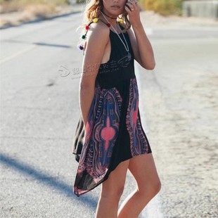 清仓现货RAGA彩色毛绒球球波西米亚印花显瘦腿长吊带背心连衣短裙