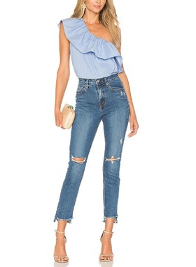 国内现货 Nobody Denim 高腰复古深蓝色显瘦阶梯裤脚小脚牛仔裤