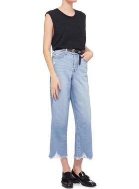 现货Nobody Denim泫雅高腰蓝色花瓣毛边显瘦九分阔腿老爹牛仔裤女