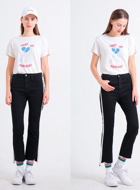 清仓现货 N TOO L 竖条高腰黑色 阶梯毛边显瘦九分微喇叭牛仔裤女