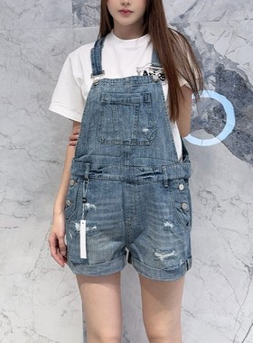 国内现货 Blank Denim 复古蓝色百搭时尚破洞毛边牛仔背带短裤女