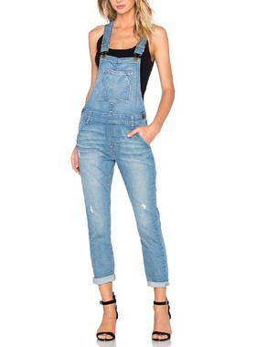 国内现货 Current/Elliott高腰水洗浅蓝色显瘦九分直筒牛仔背带裤