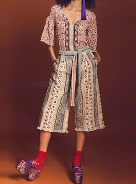 现货TRYB 212高腰彩色几何图毛边显瘦长宽松老爹绑带七分阔腿裤女