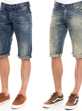 清仓现货PRPS水洗蓝色做旧时尚卷边中长男士休闲牛仔五分中短裤男