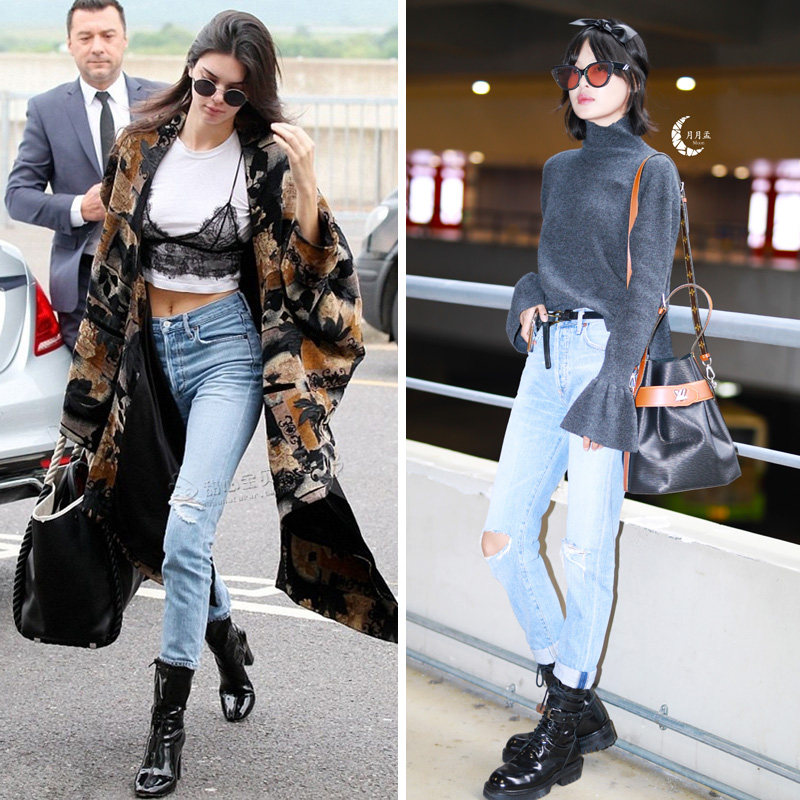 高腰蓝破洞直筒牛仔裤女