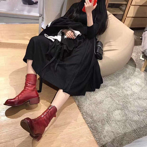 现货软马皮拉链中短靴