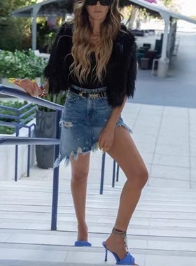 现货 R13高腰蓝色破洞拉丝阶梯斜毛边显瘦高腿长半身迷你牛仔短裙