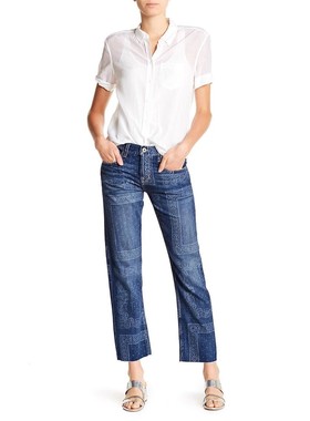 清仓 Current/Elliott bandana印花蓝色宽松老爹直筒男友牛仔裤女