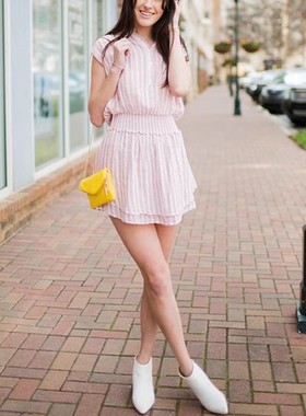 清仓现货Rails少女粉白色竖条纹显瘦V领半开扣收腰双层短袖连衣裙
