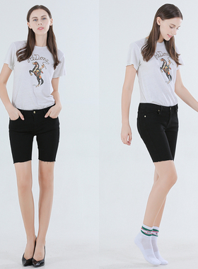 清仓现货 N TOO L 中腰黑色 毛边修身显瘦牛仔自行车骑行中短裤女