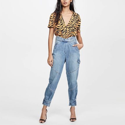 现货 RtA denim高腰拉链蓝色多口袋工装显瘦宽松收脚锥形牛仔裤女