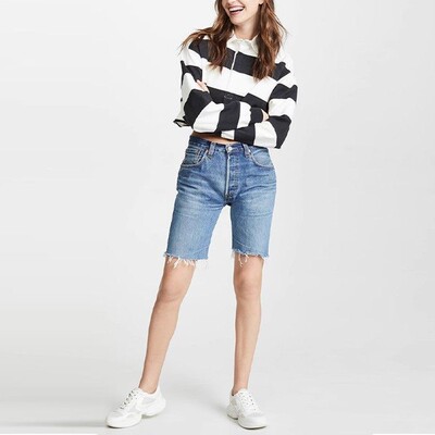 清仓现货Re/Done Kendall Gigi高腰蓝牛仔自行车中短裤显瘦短裤女