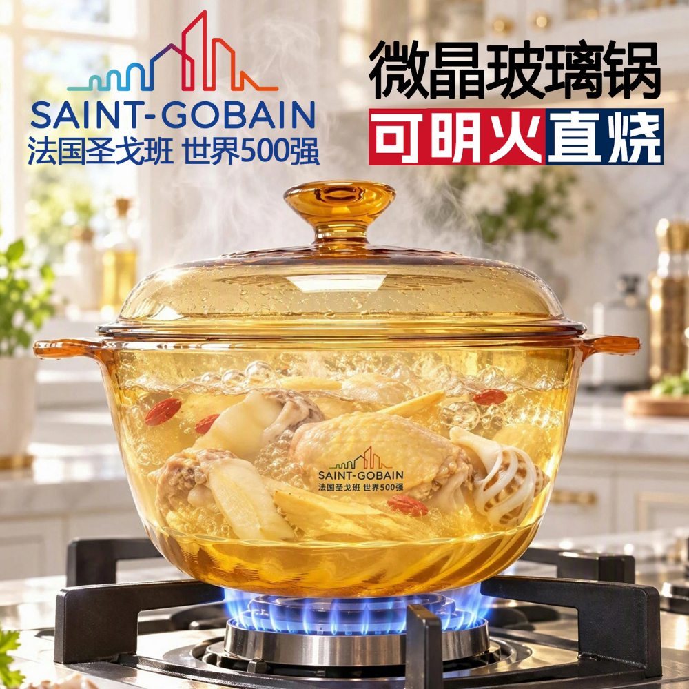法国圣戈班玻璃炖锅带盖2.5L家用耐热汤煲炖煲双耳大容量明火锅
