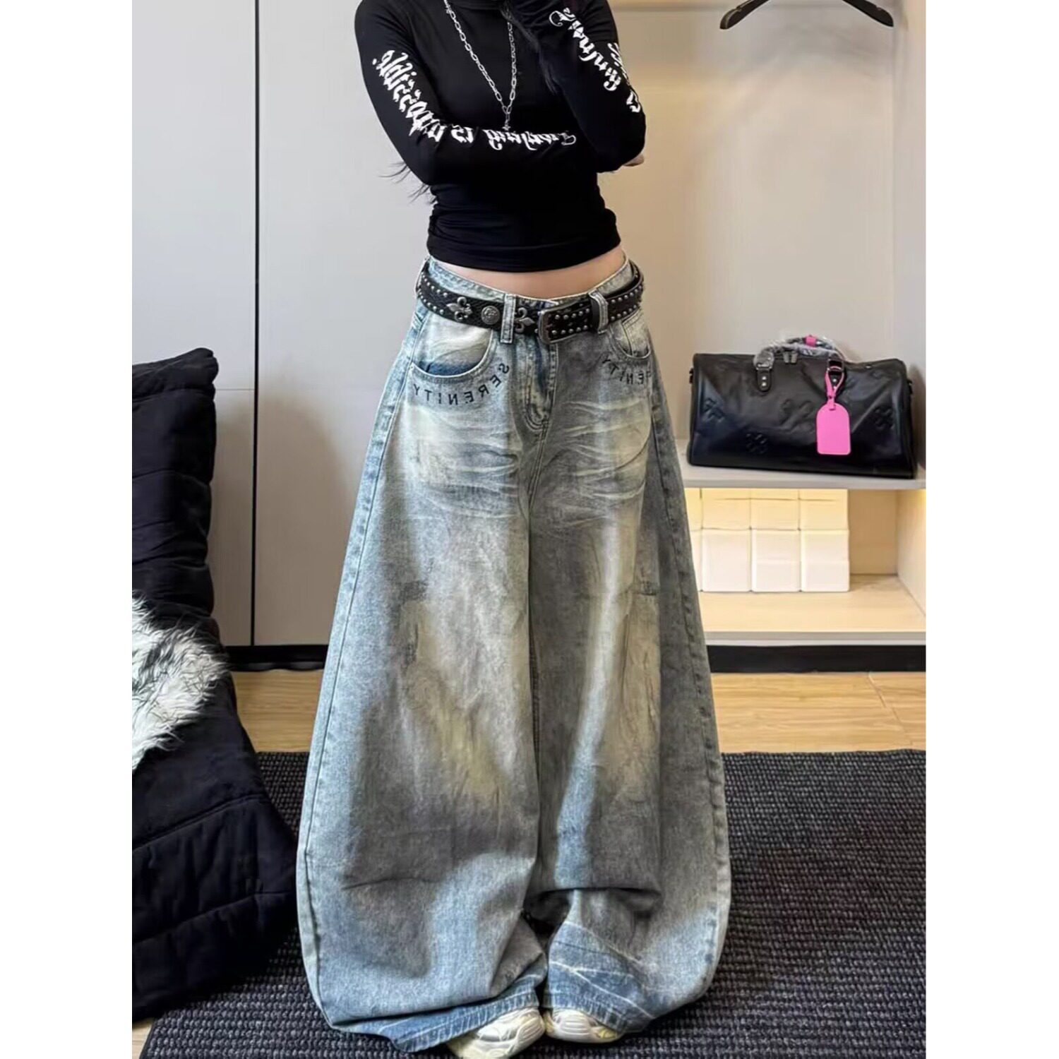 废土风做旧破洞弯刀牛仔裤男女2026春秋脏染涂鸦宽松显瘦阔腿裤子