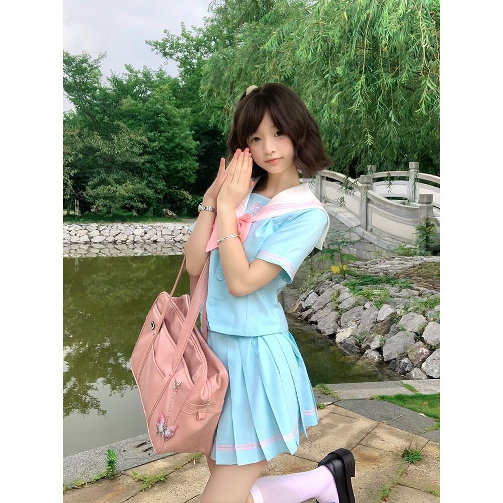 甜嗑原创正版【浅蓝樱语】jk制服女日系学院风水手服短袖刺绣套装