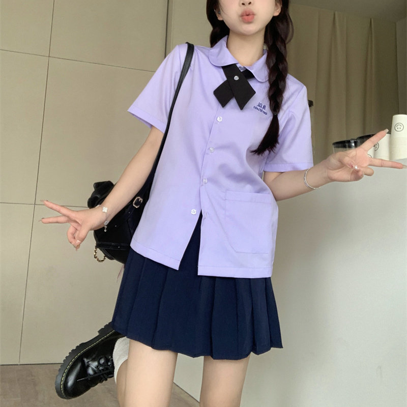 泰式校服女孩学院风衬衫短袖款jk制服女夏季刺绣紫色套装高中班服