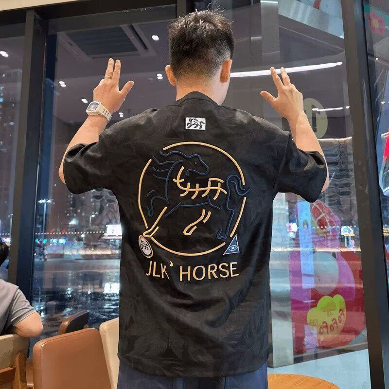 夏季潮牌新款刺绣短袖T恤男士时尚痞帅潮流满身印花体恤上衣百搭