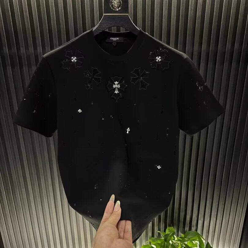 欧洲站男装新款夏季轻奢潮牌流星满钻圆领短袖休闲百搭半袖T恤衫