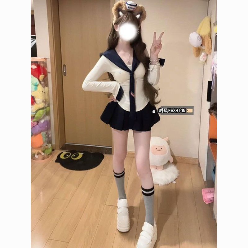 学院风海军领上衣套装女秋季纯欲修身长袖打底衫掐腰显瘦半身短裙