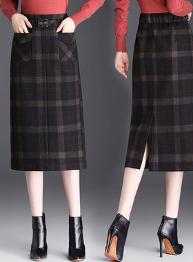 毛呢格子包臀裙半身裙女秋冬2026新款高腰显瘦中长款直筒一步裙子