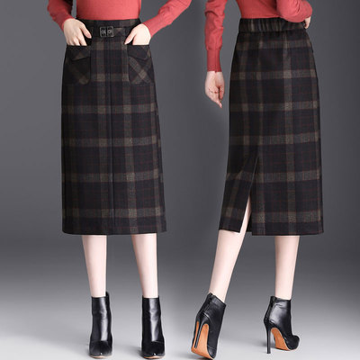 毛呢格子包臀裙半身裙女