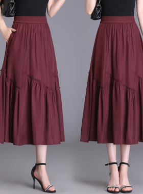 不对称休闲裙舒适宽松半身裙女春夏秋新款高腰褶皱A字裙长裙秋