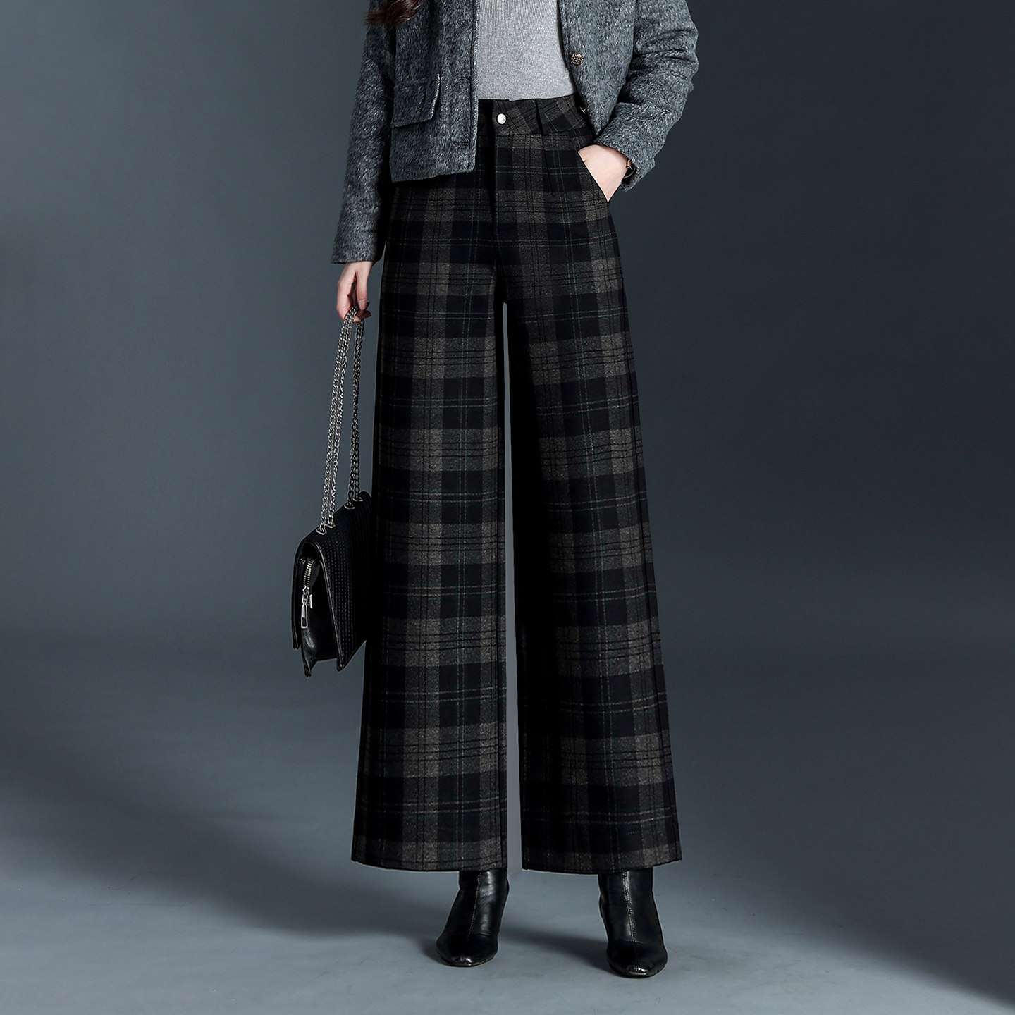 毛呢裤子女秋冬高腰时尚大码格子阔腿裤显瘦气质百搭保暖长裤子