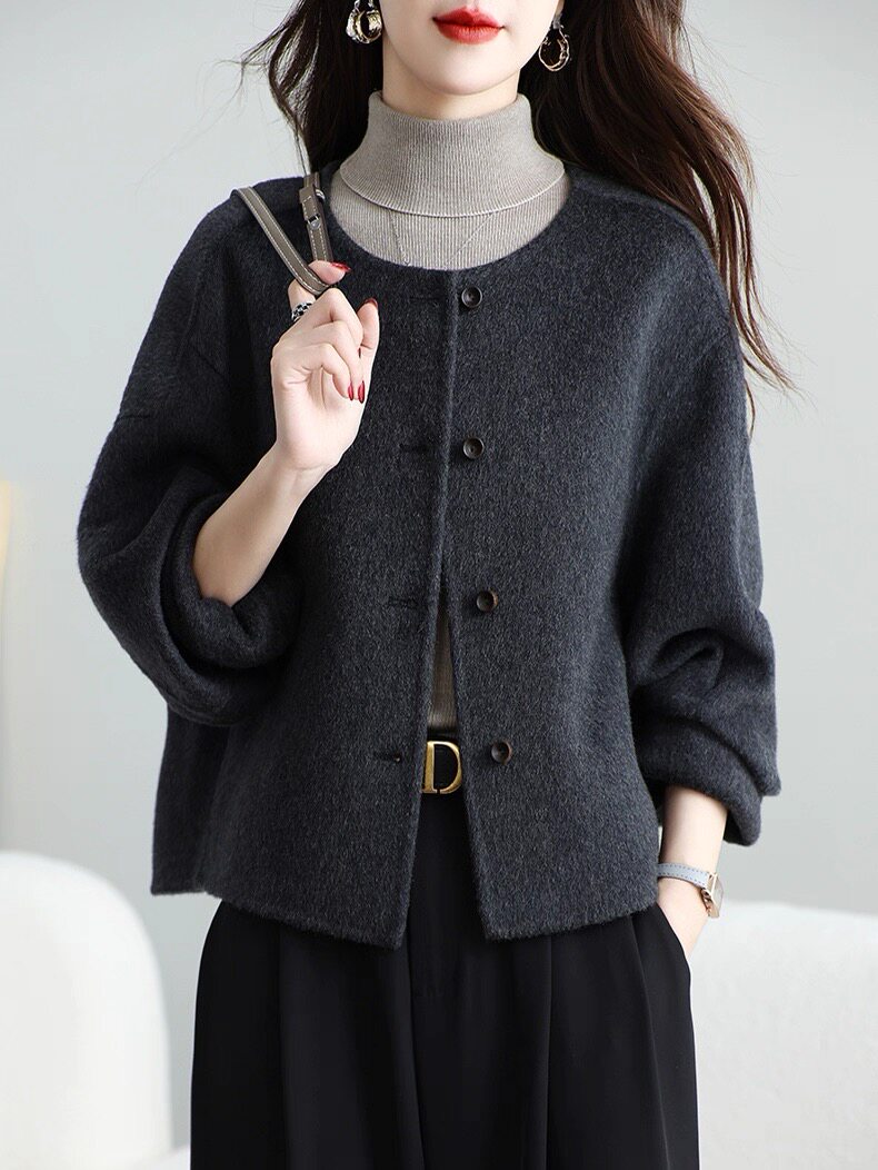 2025秋冬新款双面羊绒大衣女短款小个子圆领羊毛外套