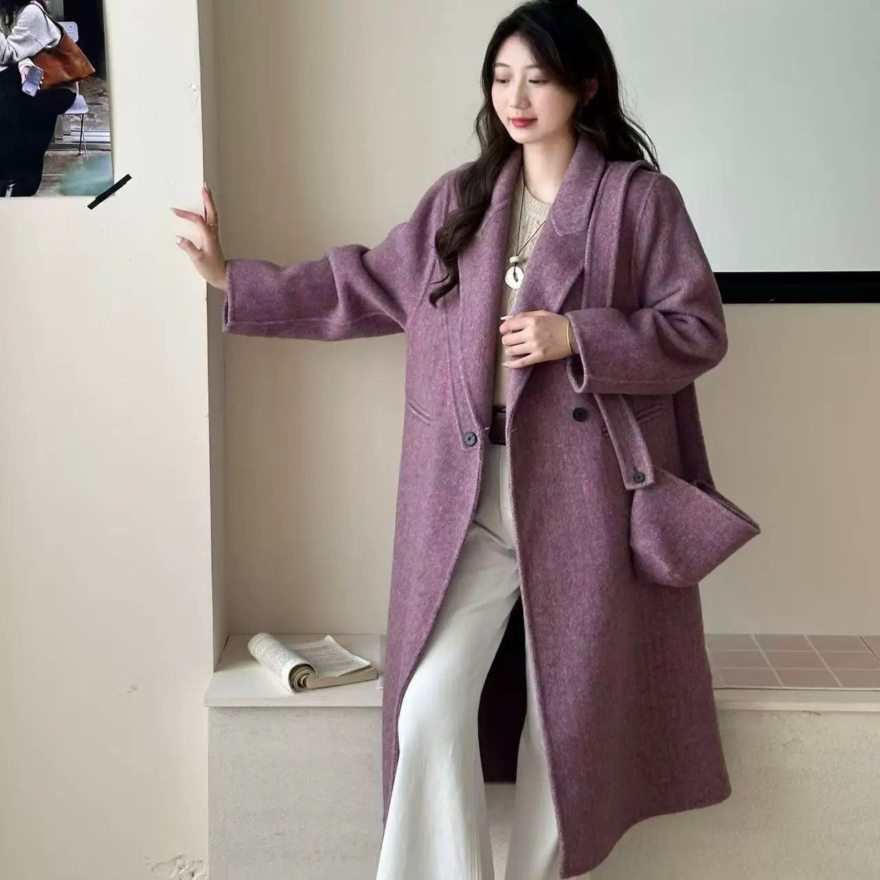 2025秋冬新款双面羊绒大衣女中长款西装领羊毛外套