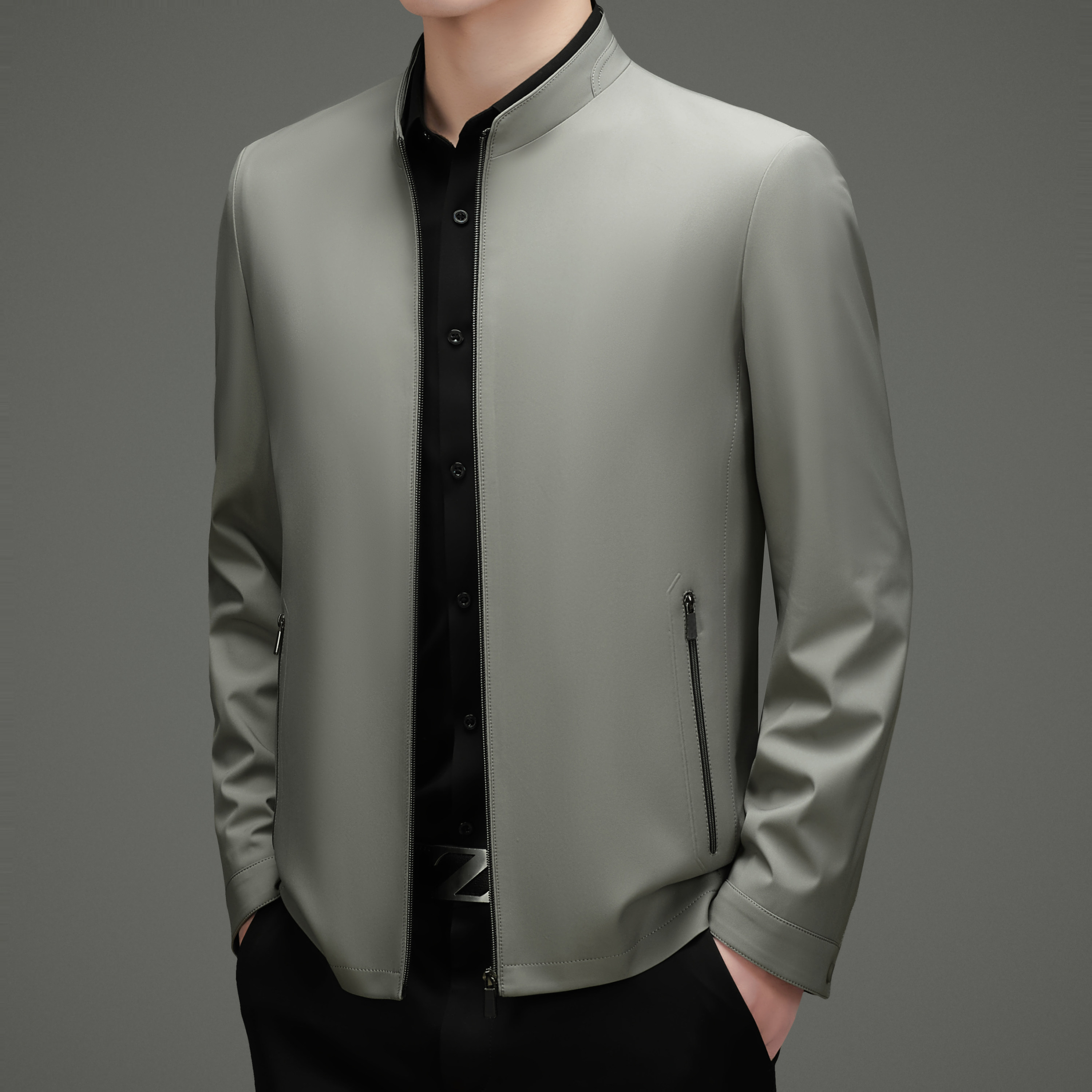 高端鄂尔多斯市军旅风立领夹克男春秋外套长袖军装风行政领导茄克