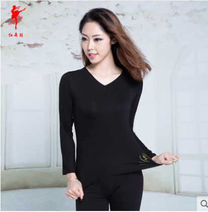 红舞鞋 丝光棉前V后圆长袖上衣瑜伽芭蕾练功舞蹈服广场舞服35011