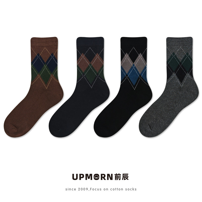 前辰高端全棉中筒袜春季咖色商务袜潮菱形格英伦风复古皮鞋袜子男