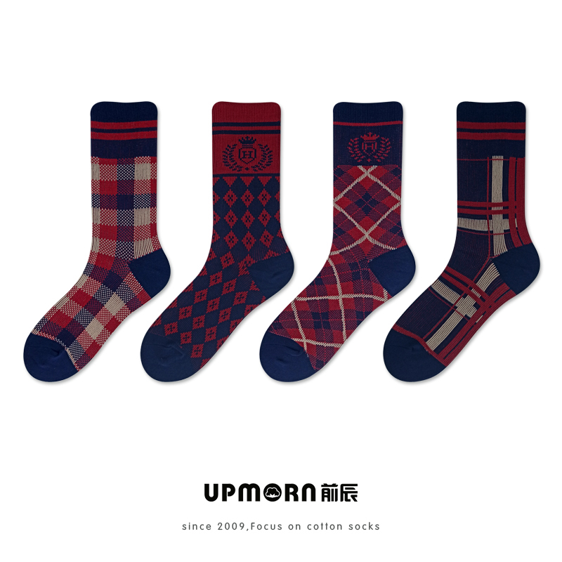 复古英伦风暗红色格子女袜秋冬纯棉中筒新年圣诞皮鞋袜菱形格靴袜