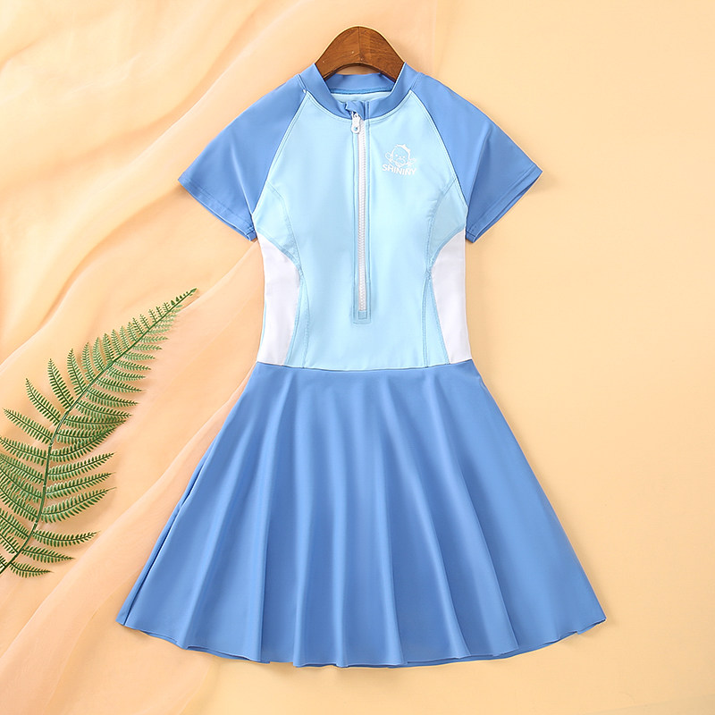 运动泳衣女学生拼接保守连体少女